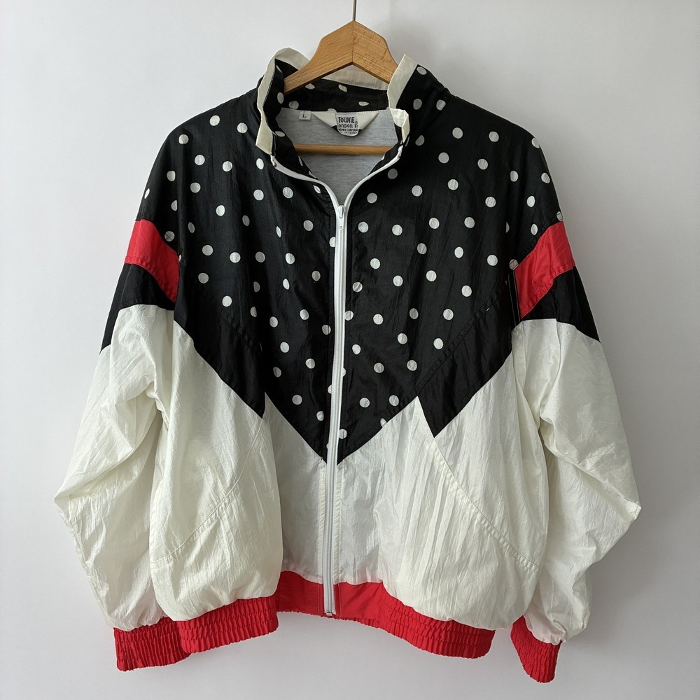 Towne By London Fog Women's Large Black White Polka Dot Windbreaker Jacket Y2K